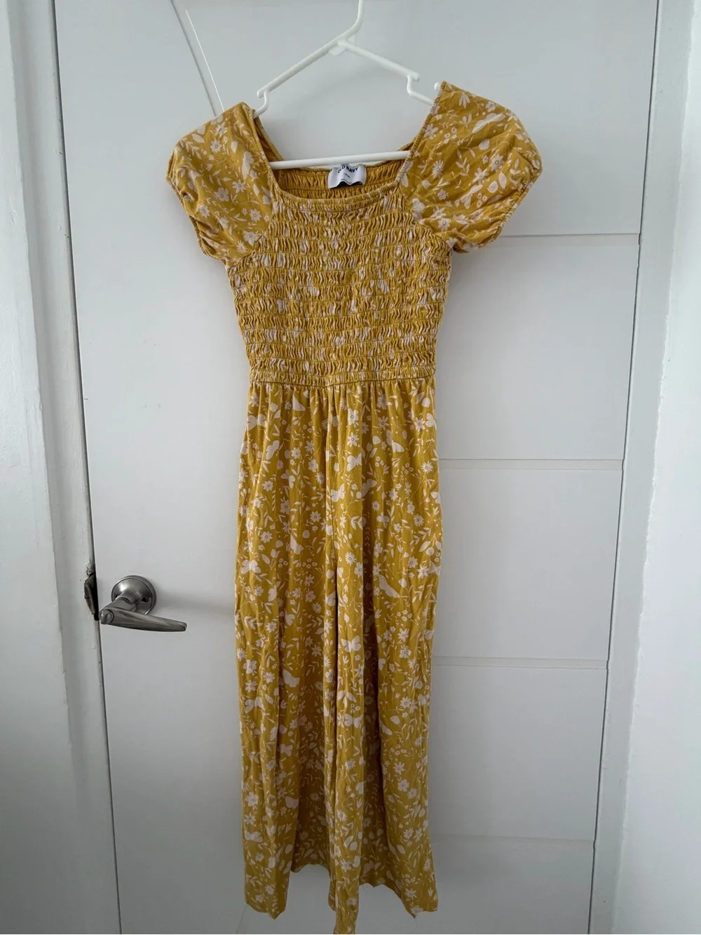 Old Navy Mustard Yellow Floral Smocked Maxi Dress romper L 10-12